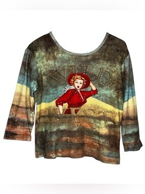 Y2K Vintage Wild West Bling 3/4 Sleeve Graphic Tee Shirt Western Rodeo